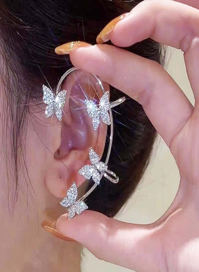 WZNBBOY 2Pcs Sparkly Rhinestone Butterfly Ear Cuff Earrings Fairy Crystal Cuffs Climber Wrap Around Non-Piercing Clip Fake Jewelry for Women(Butterfly-Silver) - Image 4